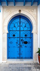 Ornate blue door with arched stone surround