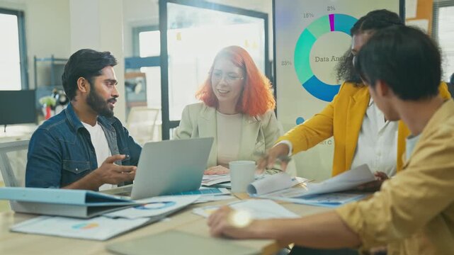 Diverse fintech innovators and multiethnic professionals collaborate in an agile hackathon workshop, integrating AI-powered analytics and adaptive business models to drive exponential growth, digital