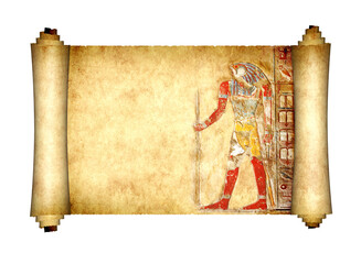 3d papyrus with egyptian god, creating a sense of grandeur and regality. Old parchment with god Horus. Isolated on white. Ancient Egyptian-inspired scroll that evokes atmosphere of Egypt. Copy space