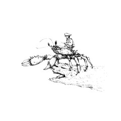 A drawing of a man with a hat riding a giant crab on a piece of driftwood in a black and white sketch
