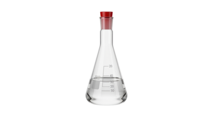 Isolated Erlenmeyer flask filled with liquid, stoppered, labware, experimental glass