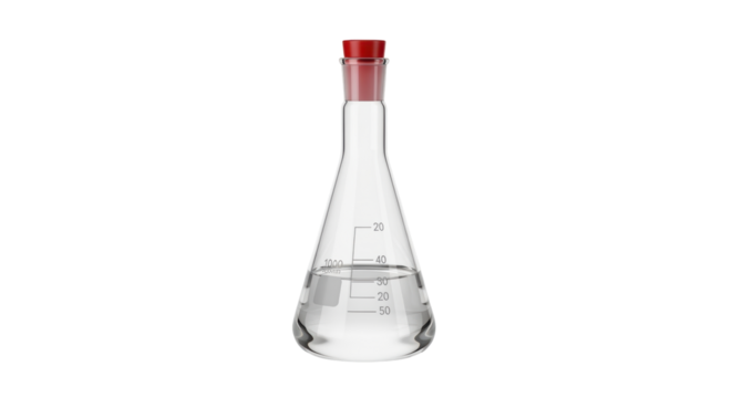 Isolated Erlenmeyer flask filled with liquid, stoppered, labware, experimental glass