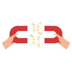 Flat Illustration Two Hands Holding Horseshoe Magnet with Attraction Force