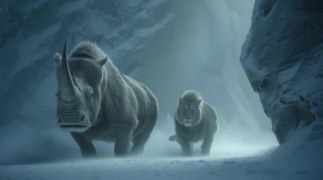 Hyper-realistic animation: cinematic photograph look &mdash; woolly rhinoceros in same location and light