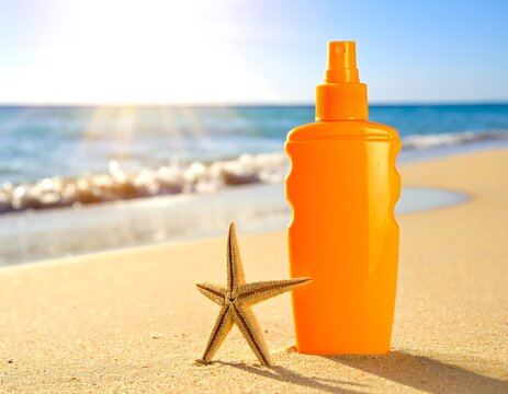 Sunny beach scene features a starfish beside a bottle of sunscreen. Bright sunlight shines on the golden sand and ocean
