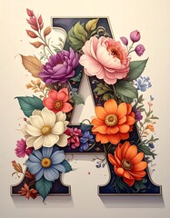 Ornate capital letter "A" framed by vibrant floral designs