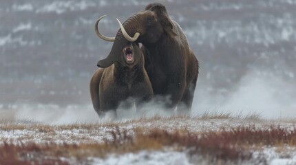 Hyper-realistic animation: documentary wildlife scene — two mammoths interacting in winter steppe