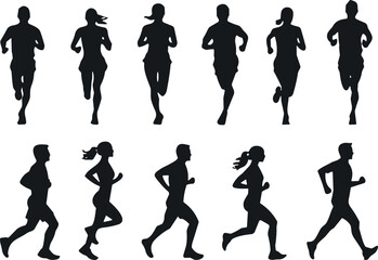 Silhouettes of ten people running in various postures, front and side views, showcasing athletic motion, fitness, and sports design reference
