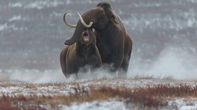Hyper-realistic animation: documentary wildlife scene &mdash; two mammoths interacting in winter steppe