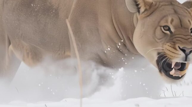 Hyper-realistic animation: documentary wildlife scene &mdash; mammoth and lioness facing off in tundra snow