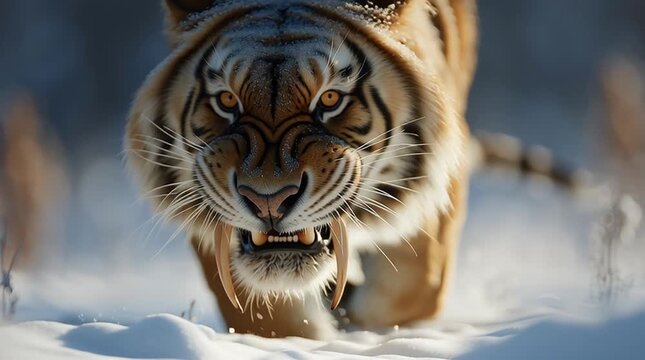 Hyper-realistic animation: telephoto close‑up of a sabertooth tiger hunting in the snow