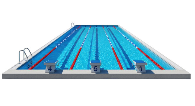 Isolated Swimming pool lanes, racing pool ready for practice, starting blocks with numbers