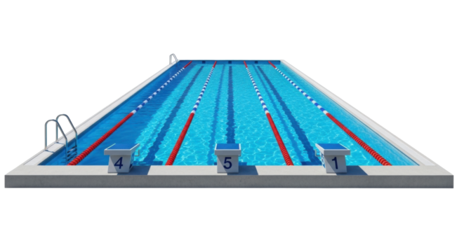 Isolated Swimming pool lanes, racing pool ready for practice, starting blocks with numbers