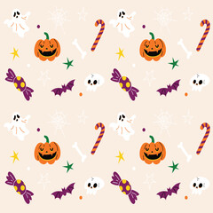 Festive Halloween Pattern with Pumpkins, Ghosts, and Candy for Spooky Season Celebrations