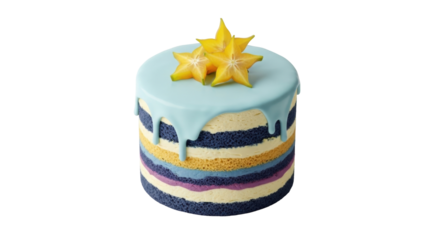 Isolated striped layer cake with blue frosting drip and carambola fruit topping dessert