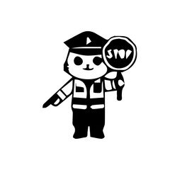 Illustration of a cute traffic police cartoon character in various poses and activities, such as giving hand signals, directing traffic, stopping vehicles, and standing next to a police motorcycle. Ch
