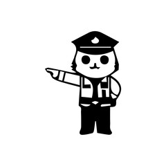 Illustration of a cute traffic police cartoon character in various poses and activities, such as giving hand signals, directing traffic, stopping vehicles, and standing next to a police motorcycle. Ch