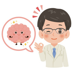 健康な脳のキャラクターと白衣を着た男性医師　上半身イラスト／Healthy Brain Character with Male Doctor in White Coat　upper body illustration
