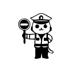 Illustration of a cute traffic police cartoon character in various poses and activities, such as giving hand signals, directing traffic, stopping vehicles, and standing next to a police motorcycle. Ch