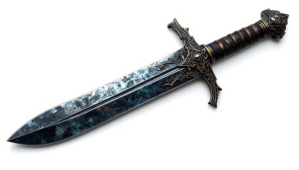 Ornate fantasy sword, dark blue-gray blade, gold accents