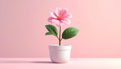 A single pink flower blooms from a small plant in a white pot, set against a soft pink background