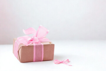 A small gift box wrapped in brown paper tied with a pink ribbon