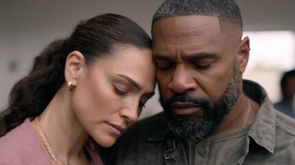 Obraz premium Two individuals lean into each other, their faces close as they share a tender moment. The atmosphere is warm, suggesting trust and deep emotional connection amidst a busy backdrop