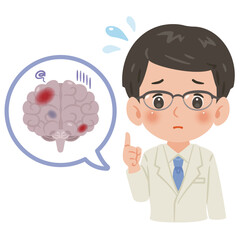 不健康な脳と白衣を着た男性医師　上半身イラスト／Unhealthy Brain with Male Doctor in White Coat　upper body illustration