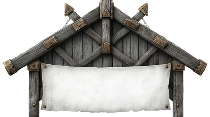 Rustic wooden sign with empty banner hangs