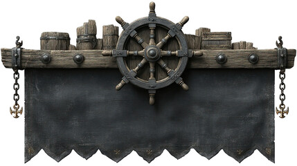 Nautical themed display with ship's wheel and barrels