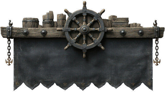 Nautical themed display with ship's wheel and barrels