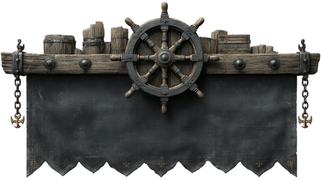 Nautical themed display with ship's wheel and barrels