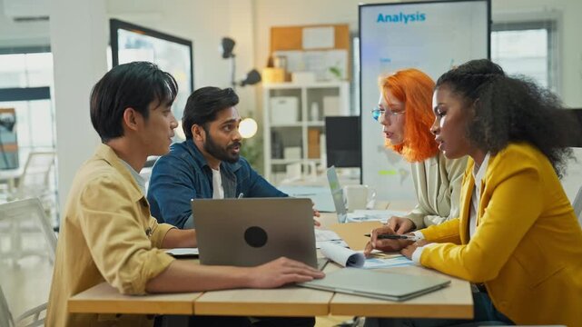 Diverse fintech innovators and multiethnic professionals collaborate in an agile hackathon workshop, integrating AI-powered analytics and adaptive business models to drive exponential growth, digital 