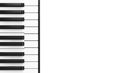 Pristine classic black and white piano keys, polished ivory and ebony, immaculately clean, vertically on white studio background with copy space, top-down, no shadows. Concept of musical precision