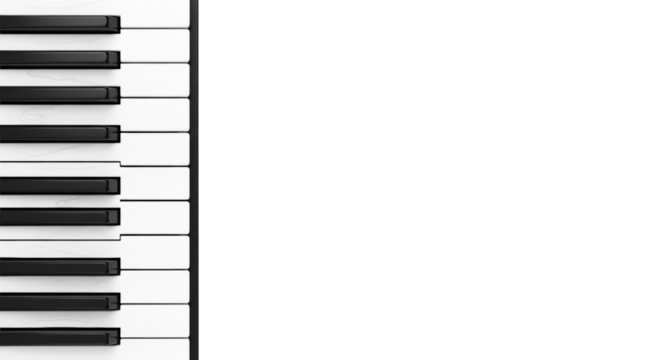 Pristine classic black and white piano keys, polished ivory and ebony, immaculately clean, vertically on white studio background with copy space, top-down, no shadows. Concept of musical precision