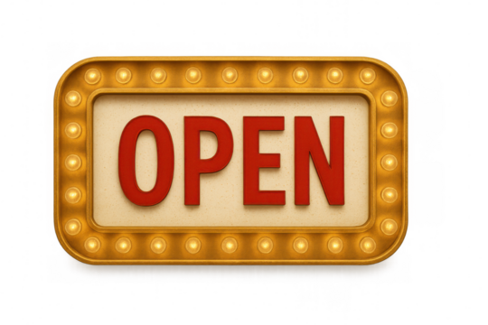 Vintage open sign with glowing light bulbs, retro illuminated signboard for business, transparent background