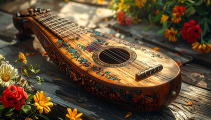 Ornate guitar rests on rustic wood, surrounded by flowers