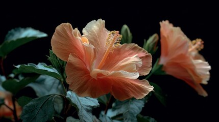 Fototapeta premium Beautiful hibiscus flowers blooming in soft peach tones with lush green leaves in a serene setting at dusk
