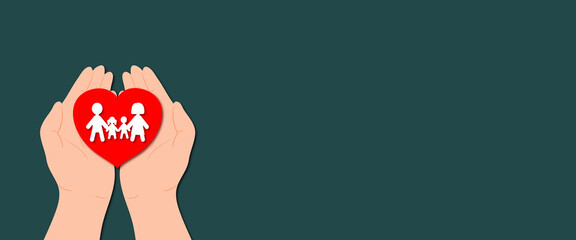 Hands holding a heart with paper figures for national adoption day banner illustration