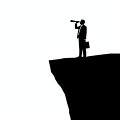 Silhouette of a businessman standing on a cliff, using a telescope to look ahead.