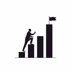 Silhouette of a businessman climbing a graph towards a flag, achieving success.