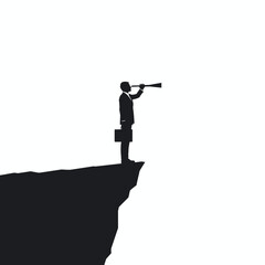 Silhouette of a businessman standing on a cliff, observing with a telescope.