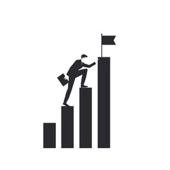 Silhouette of a businessman climbing bar graph steps towards a flag, representing success and career advancement.