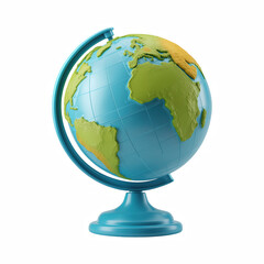 3D cartoon Earth globe on stand, simplified green continents and blue ocean, isolated on transparent background
