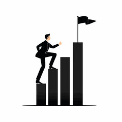 A businessman is climbing a bar graph towards a flag on the highest bar, symbolizing success and achievement.