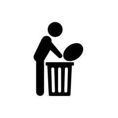 A stick figure throwing an item into a trash can with an open lid.