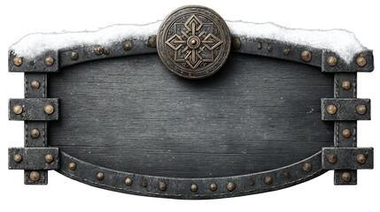 Naklejka premium Ornate medieval wood and metal sign with snow