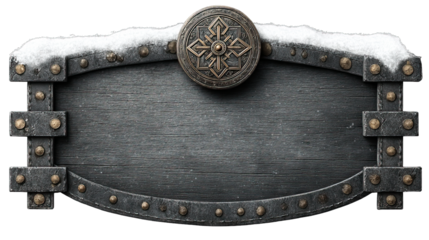 Ornate medieval wood and metal sign with snow