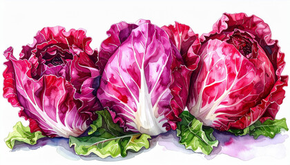 Obraz premium Vibrant Watercolor Illustration Of Three Heads Of Radicchio With Green Lettuce Leaves