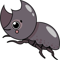 Cartoon Rhinoceros Beetle Character with Big Eyes and Horns in a Cute Style on a Transparent Background